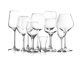 Photo of Set of new bar glassware on white background