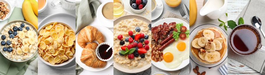 Image of Assortment of tasty breakfasts. Collage with different meals and drinks, top view