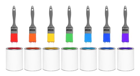 Image of Brushes with colorful paints in air over cans on white background