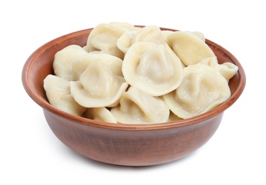 Photo of Tasty dumplings in bowl isolated on white