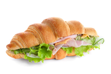 Photo of Tasty croissant sandwich with ham and cucumber on isolated on white