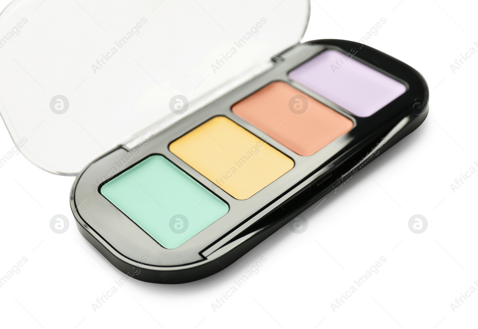 Photo of Colorful correcting concealer palette isolated on white
