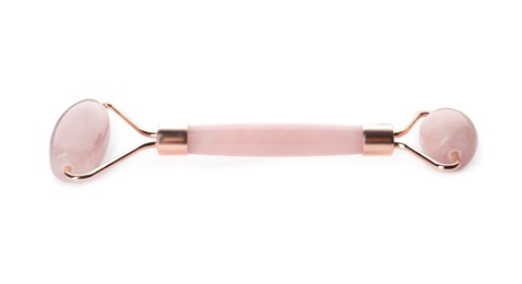 Photo of Rose quartz face roller on white background