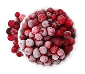 Frozen red cranberries in bowl isolated on white, top view