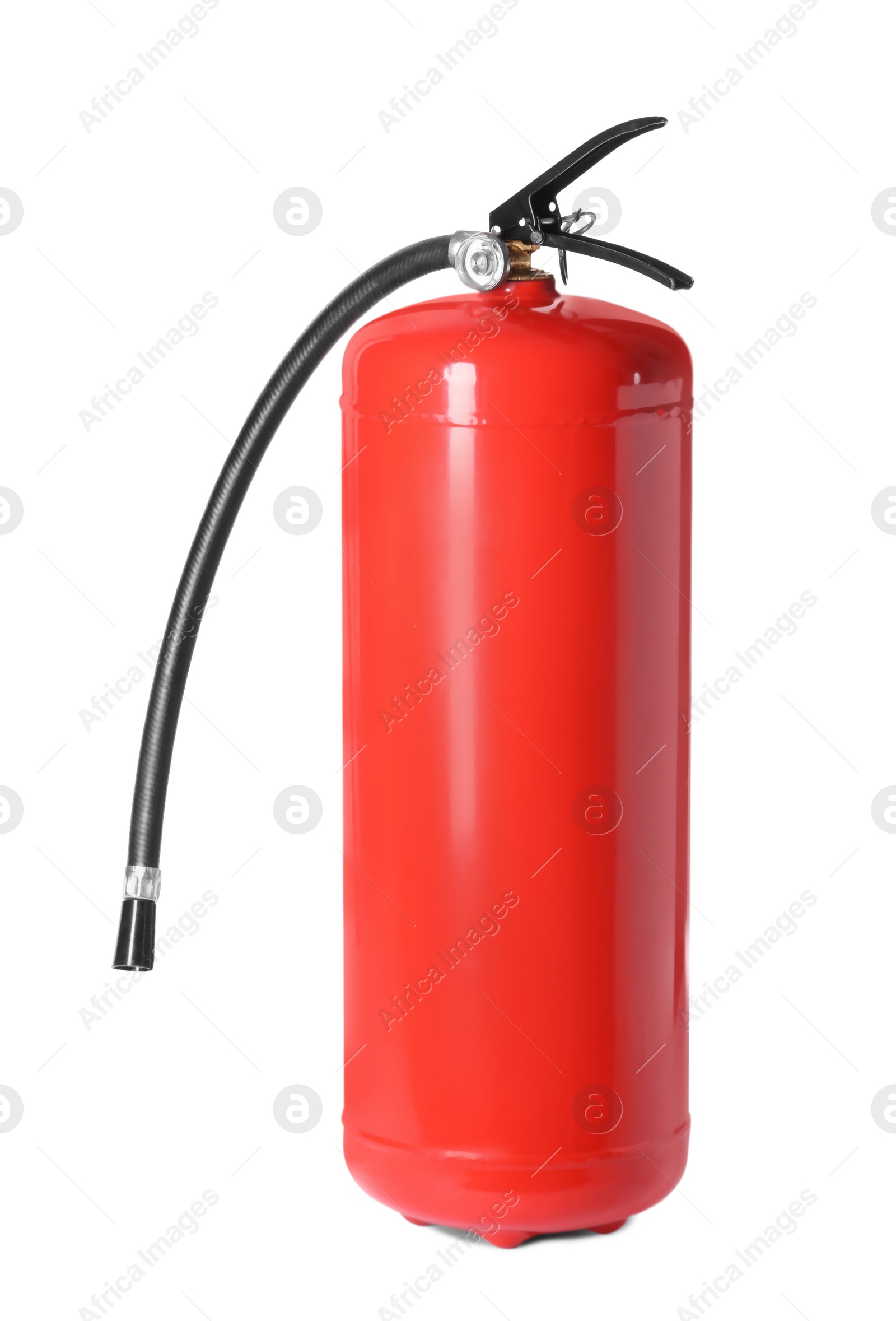 Photo of One red fire extinguisher on white background