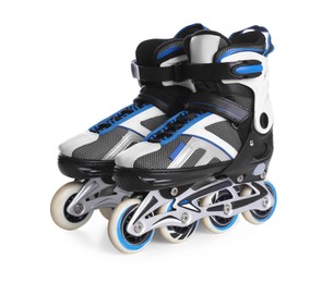 Photo of Pair of inline roller skates on white background. Sports equipment