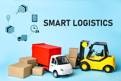 Image of Smart logistics concept. Truck near forklift and icons on light blue background