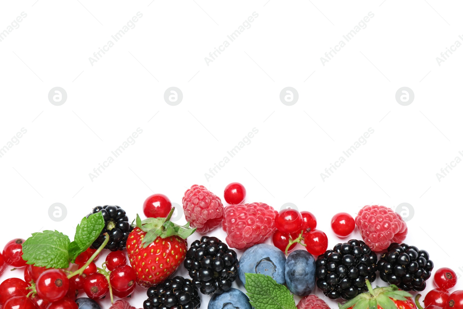 Photo of Mix of fresh berries on white background, flat lay