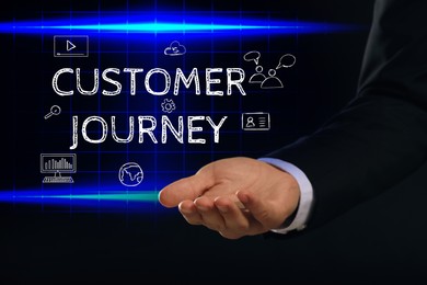 Image of Customer journey concept. Man demonstration phrase and different icons on virtual screen against dark background, closeup