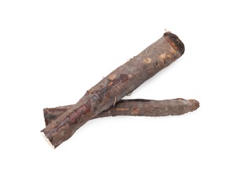 Photo of Raw salsify roots on white background, top view