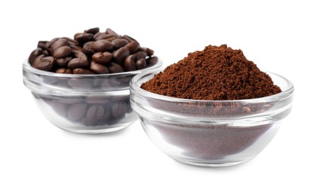 Bowls with ground coffee and roasted beans on white background