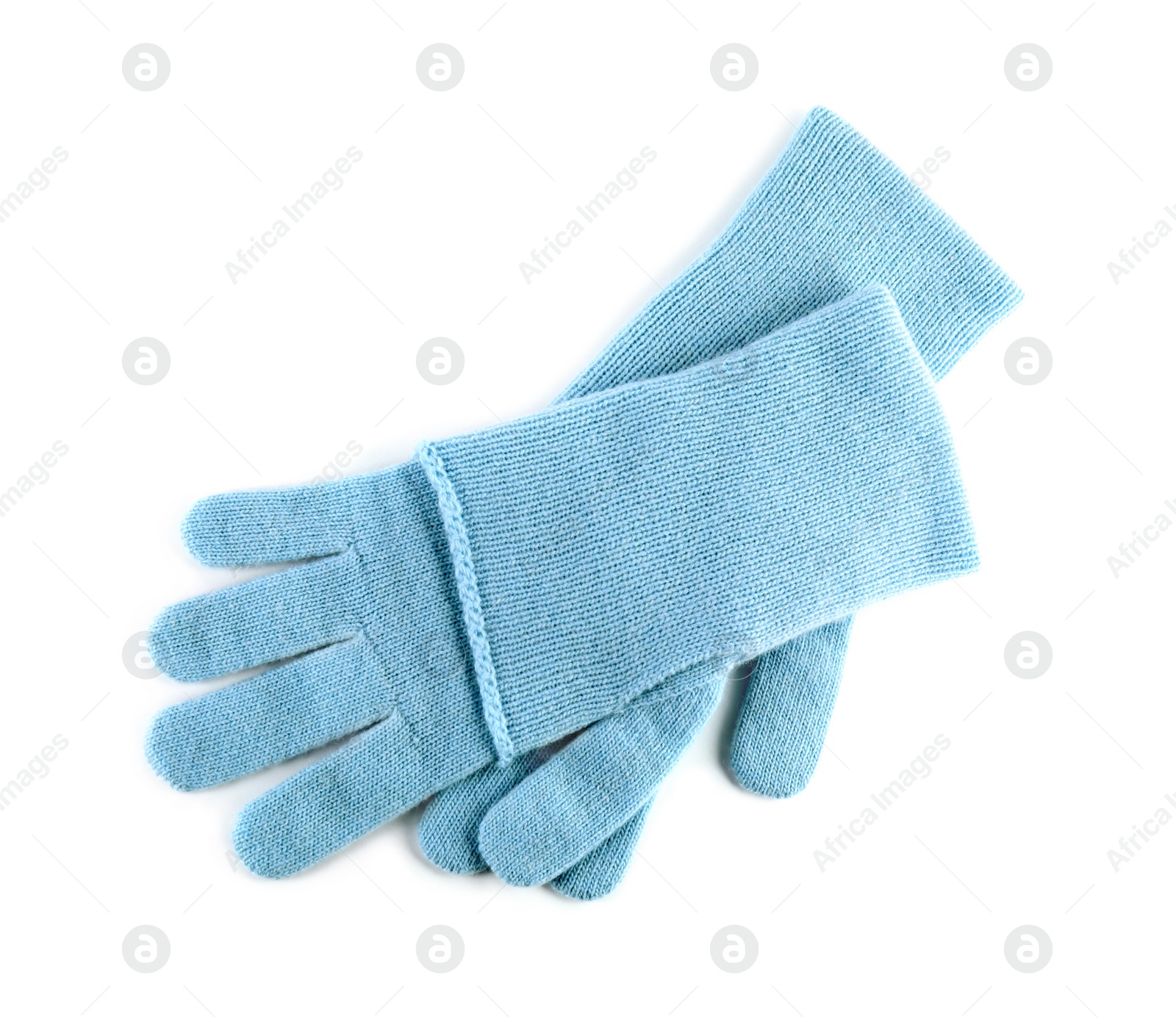 Photo of Stylish blue gloves on white background, top view. Autumn clothes