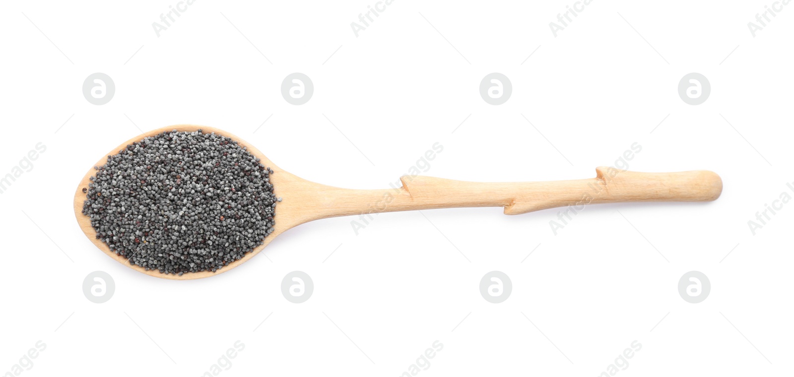 Photo of Spoon with poppy seeds isolated on white, top view