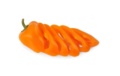 Photo of Cut orange hot chili pepper isolated on white, top view