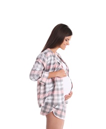 Photo of Happy pregnant woman posing on white background