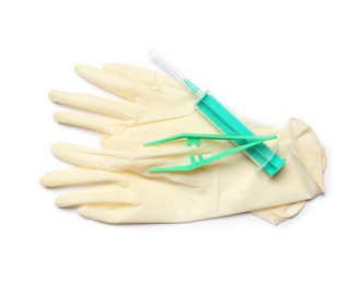 Photo of Flat lay composition with medical gloves on white background
