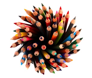 Photo of Bunch of color pencils on white background, top view