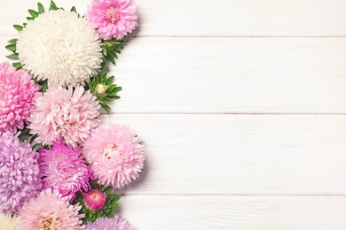 Beautiful aster flowers and space for text on wooden background, flat lay