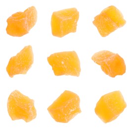 Image of Set with tasty pieces of candied fruits on white background 