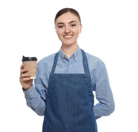 Photo of Beautiful young woman in clean denim apron with cup of coffee on white background