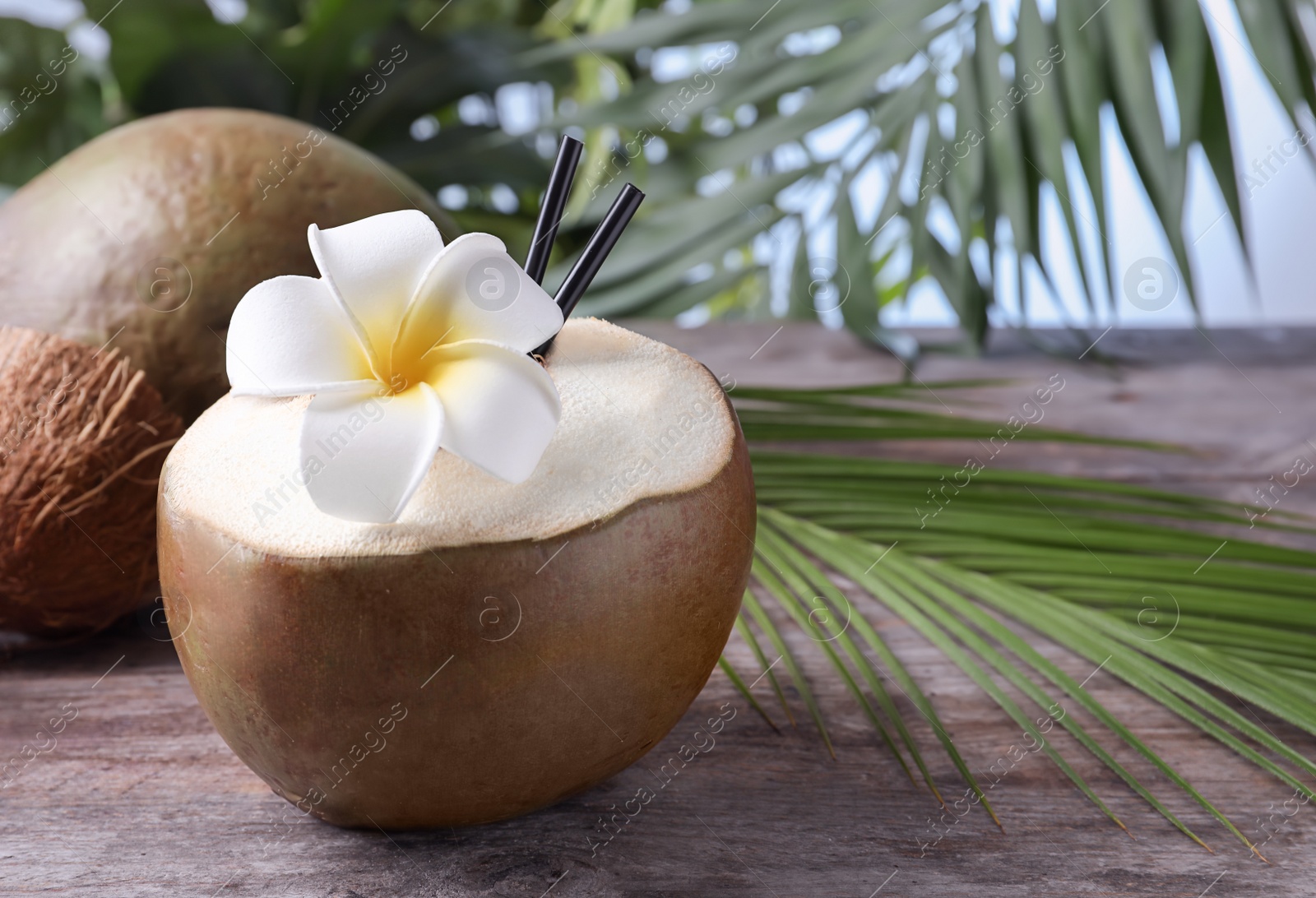 Photo of Fresh green coconut on wooden table
