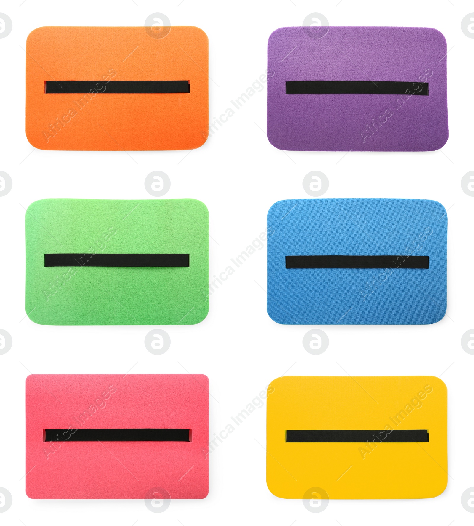 Image of Set with colorful foam tourist seat mats on white background, top view