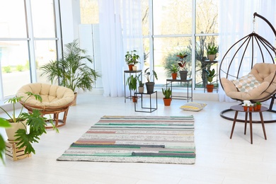 Living room interior with indoor plants, swing and papasan chairs. Trendy home decor