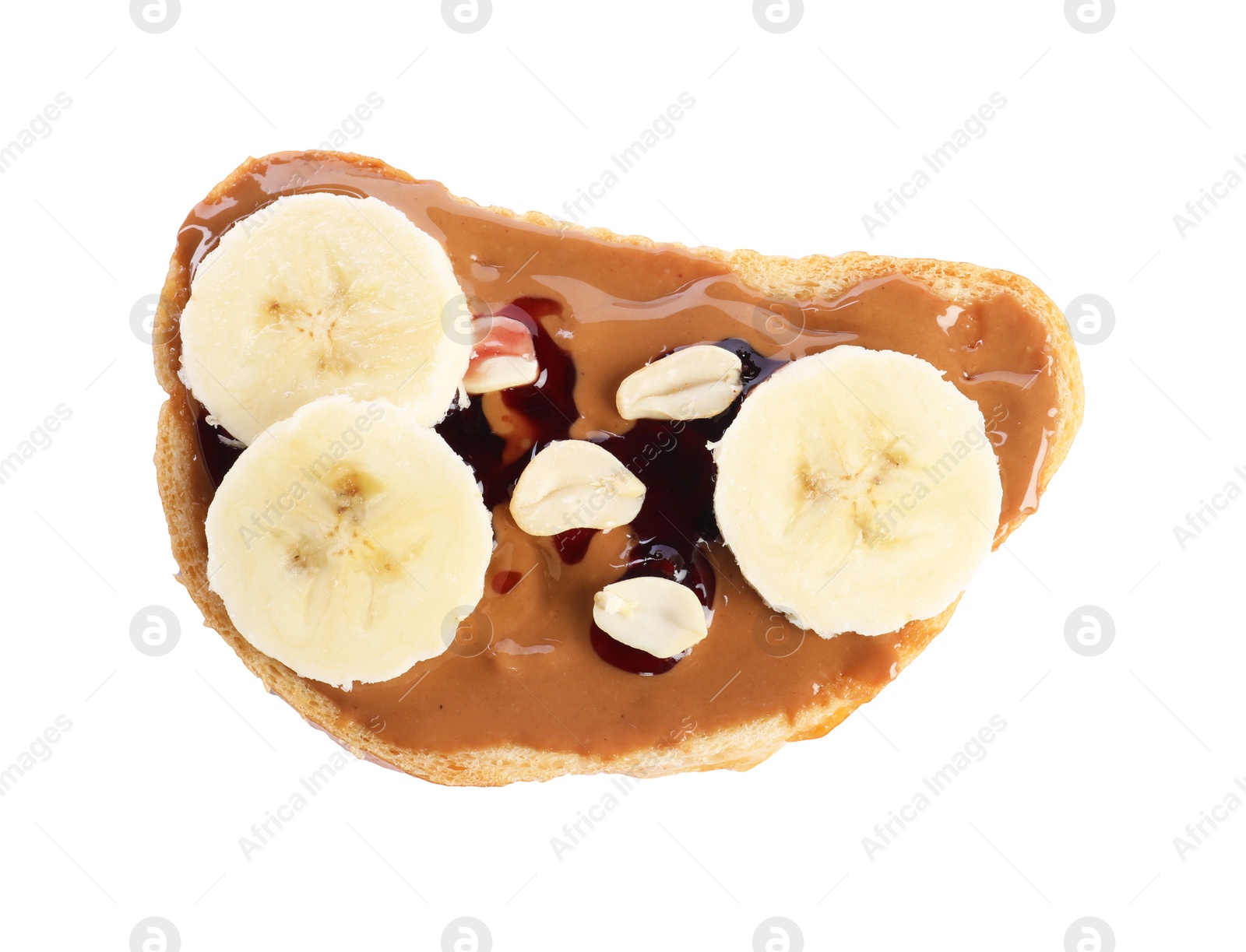 Photo of Toast with tasty nut butter, banana slices, jam and peanuts isolated on white, top view