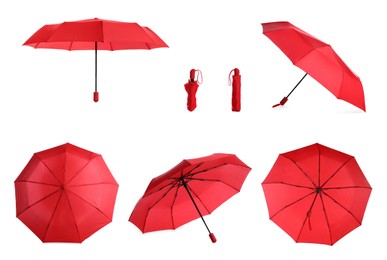 Image of Set with stylish red umbrellas on white background