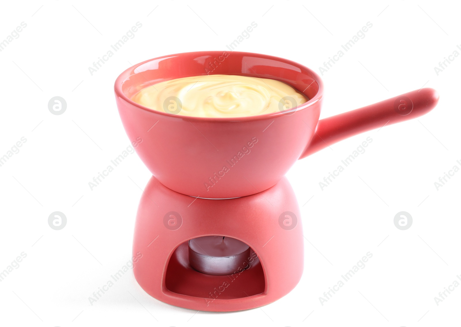 Photo of Pot with delicious cheese fondue on white background