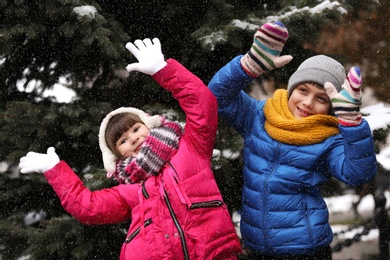 Happy children playing near fir tree covered with snow on winter day