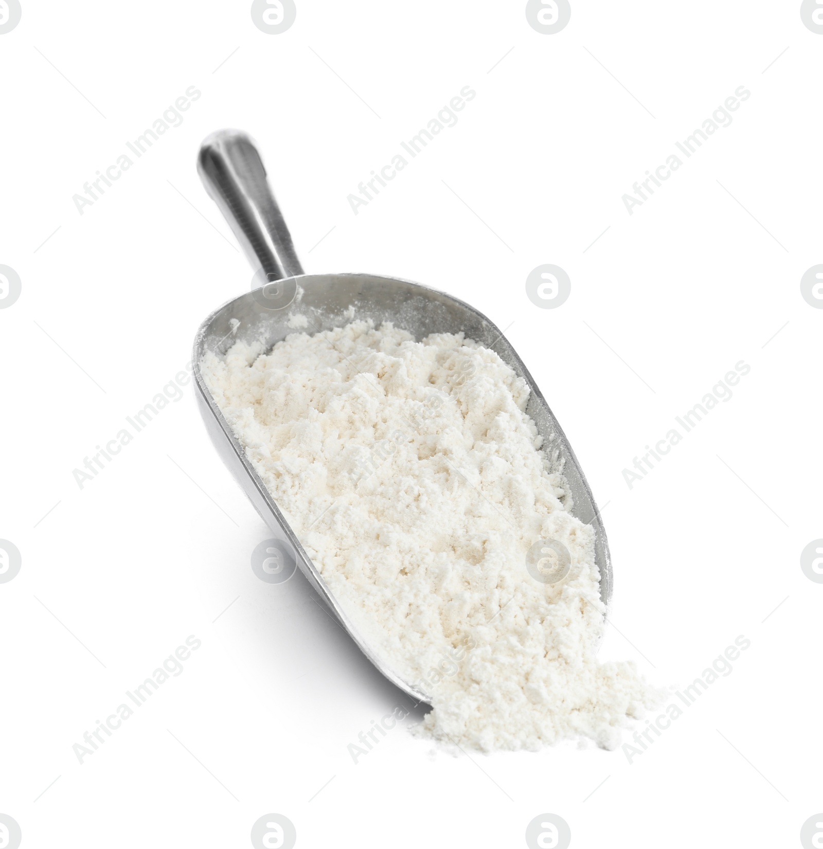 Photo of Organic flour in metal scoop isolated on white