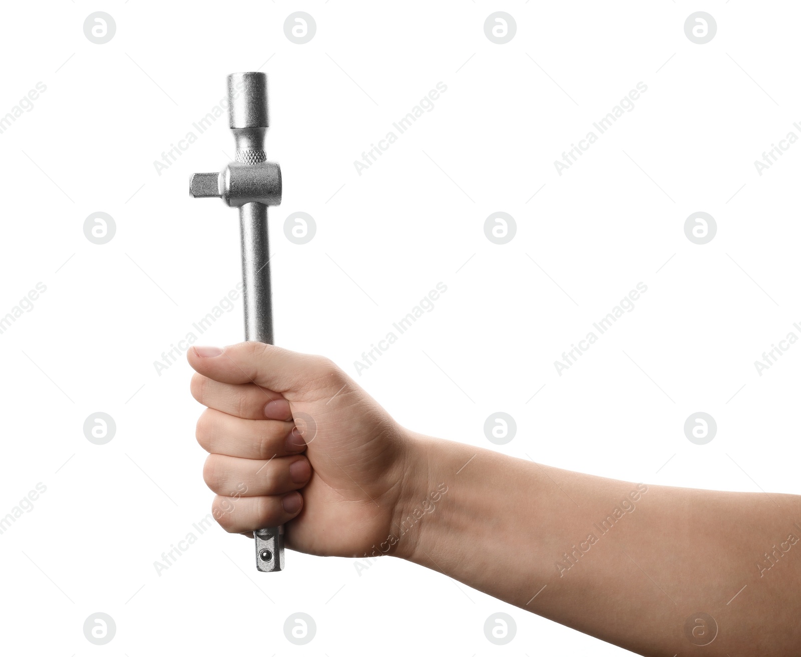 Photo of Auto mechanic holding breaker bar isolated on white, closeup