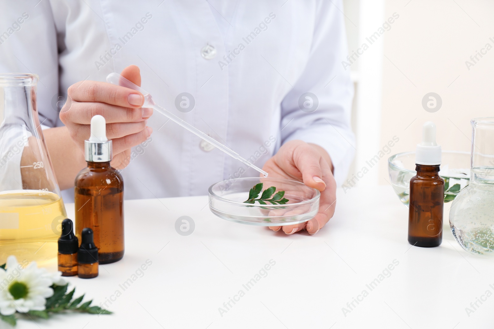Photo of Female dermatologist creating skin care product at table, closeup