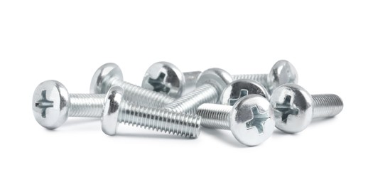 Photo of Many metal machine screw bolts on white background