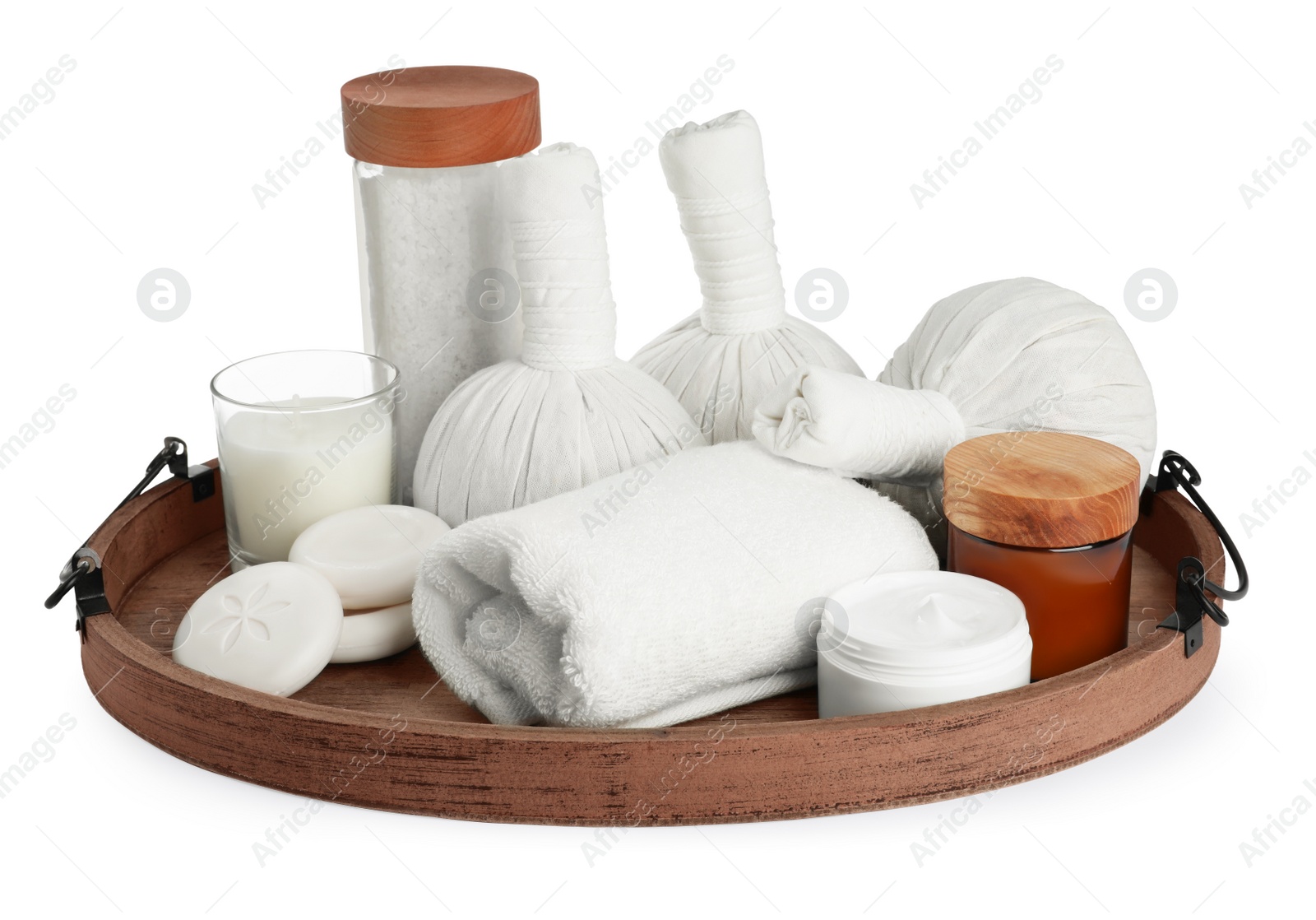 Photo of Beautiful spa composition with different body care products isolated on white