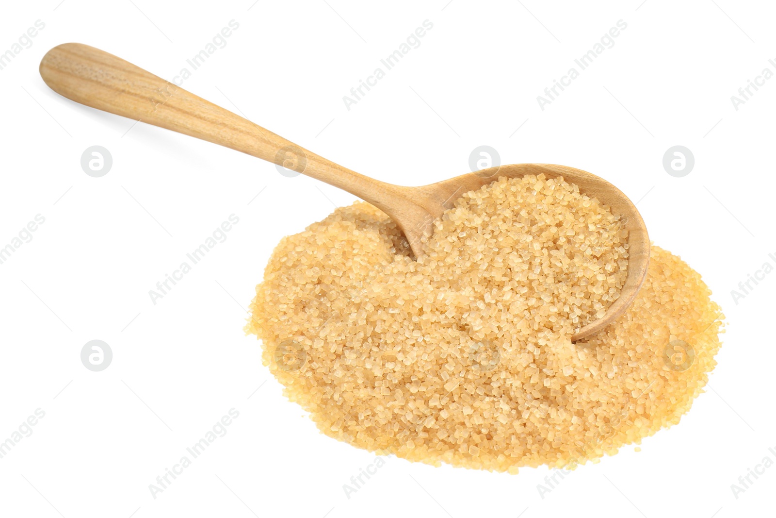 Photo of Pile of brown sugar and wooden spoon isolated on white