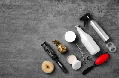 Professional hairdresser set on grey background