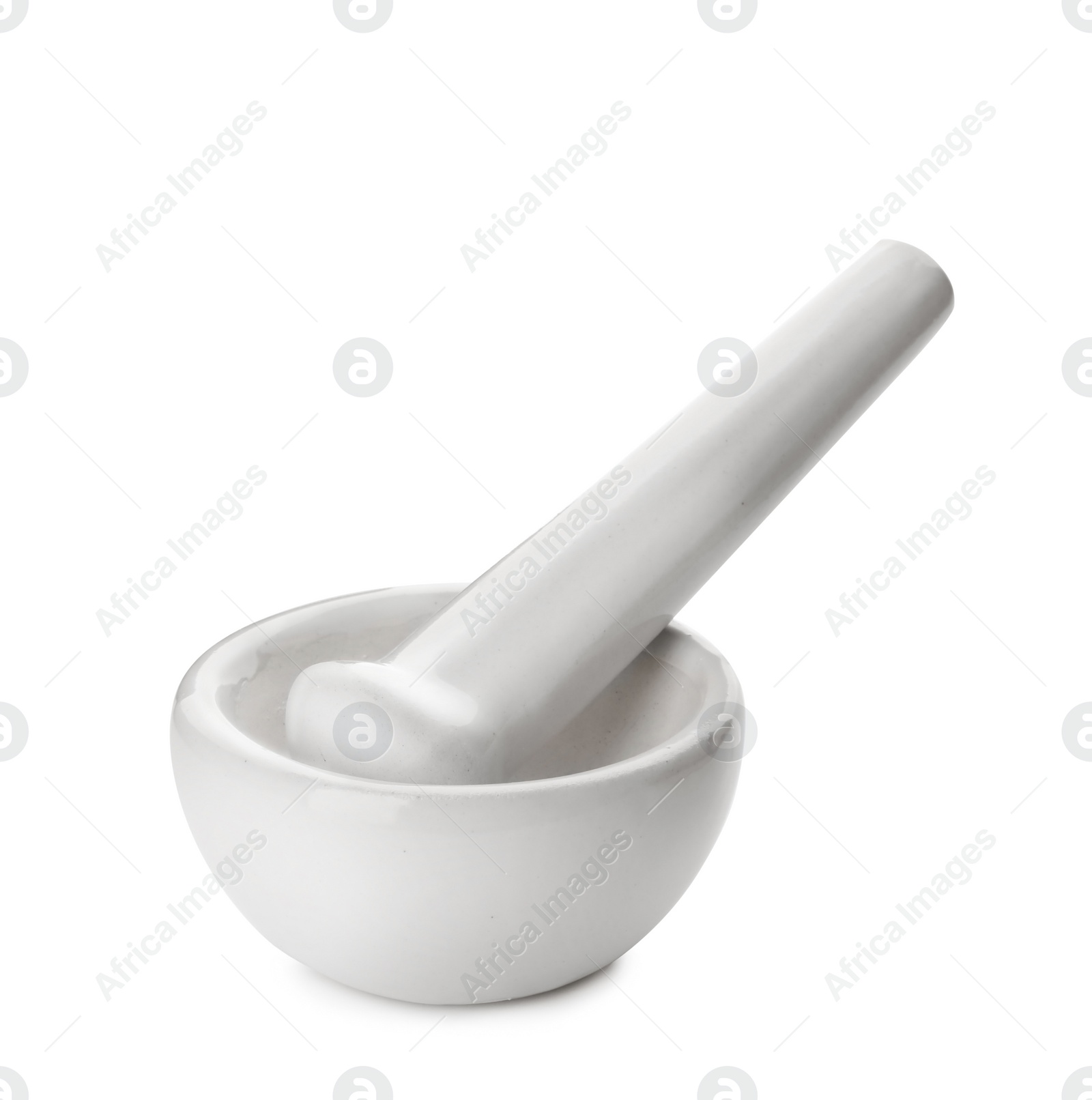 Photo of Mortar and pestle on white background. Medical objects