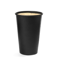 Hot coffee in takeaway paper cup isolated on white