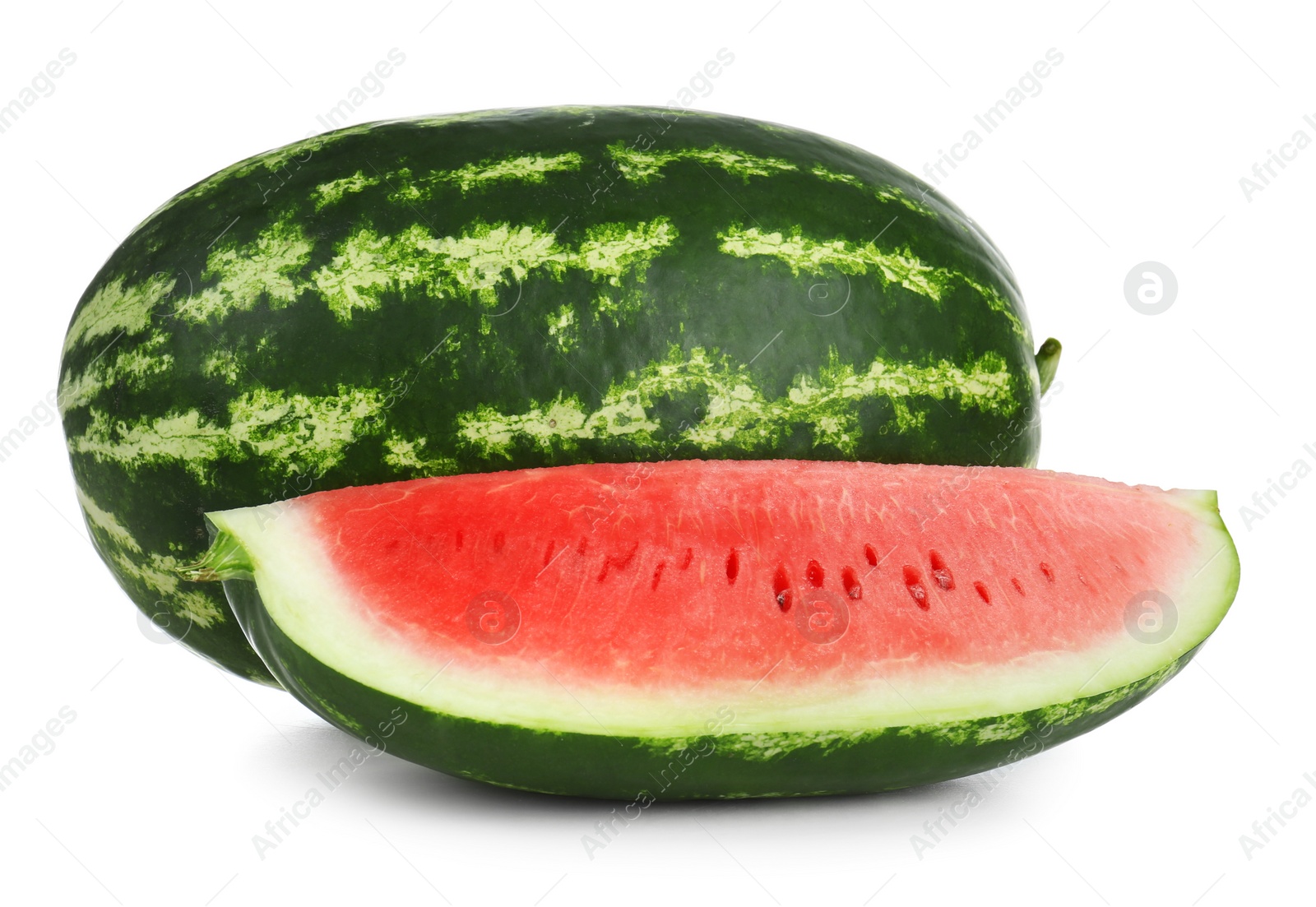 Photo of Delicious whole and cut watermelons isolated on white