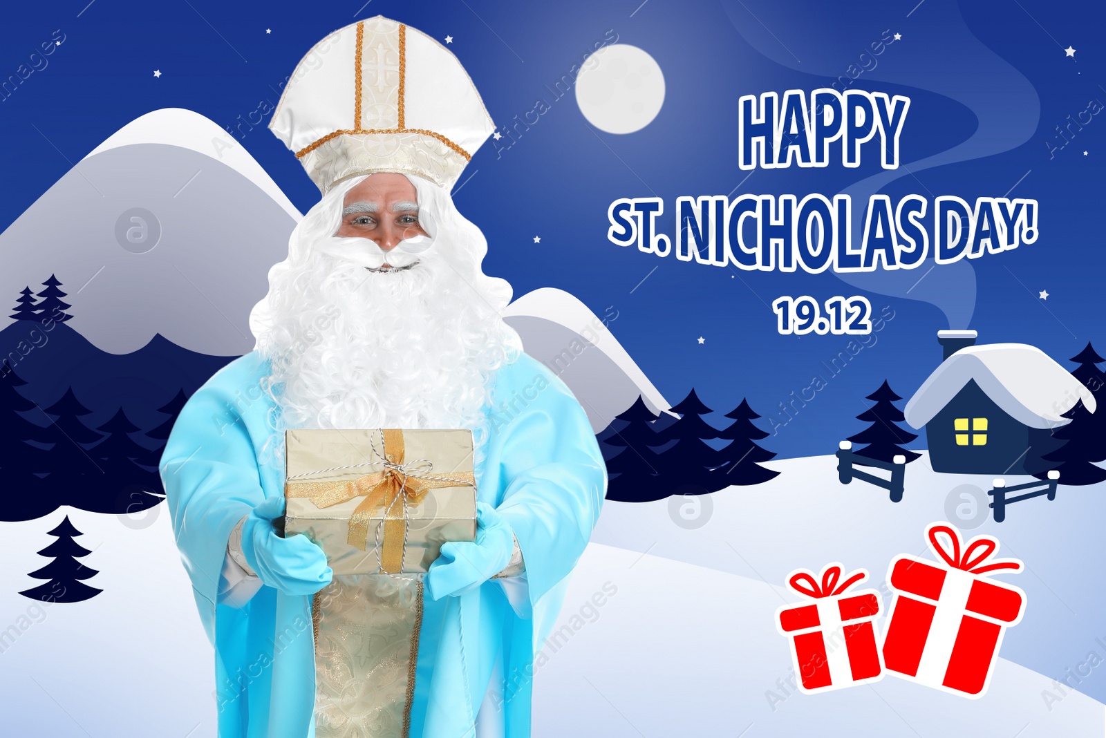 Image of Greeting card design. Saint Nicholas with present and illustration of night city on background