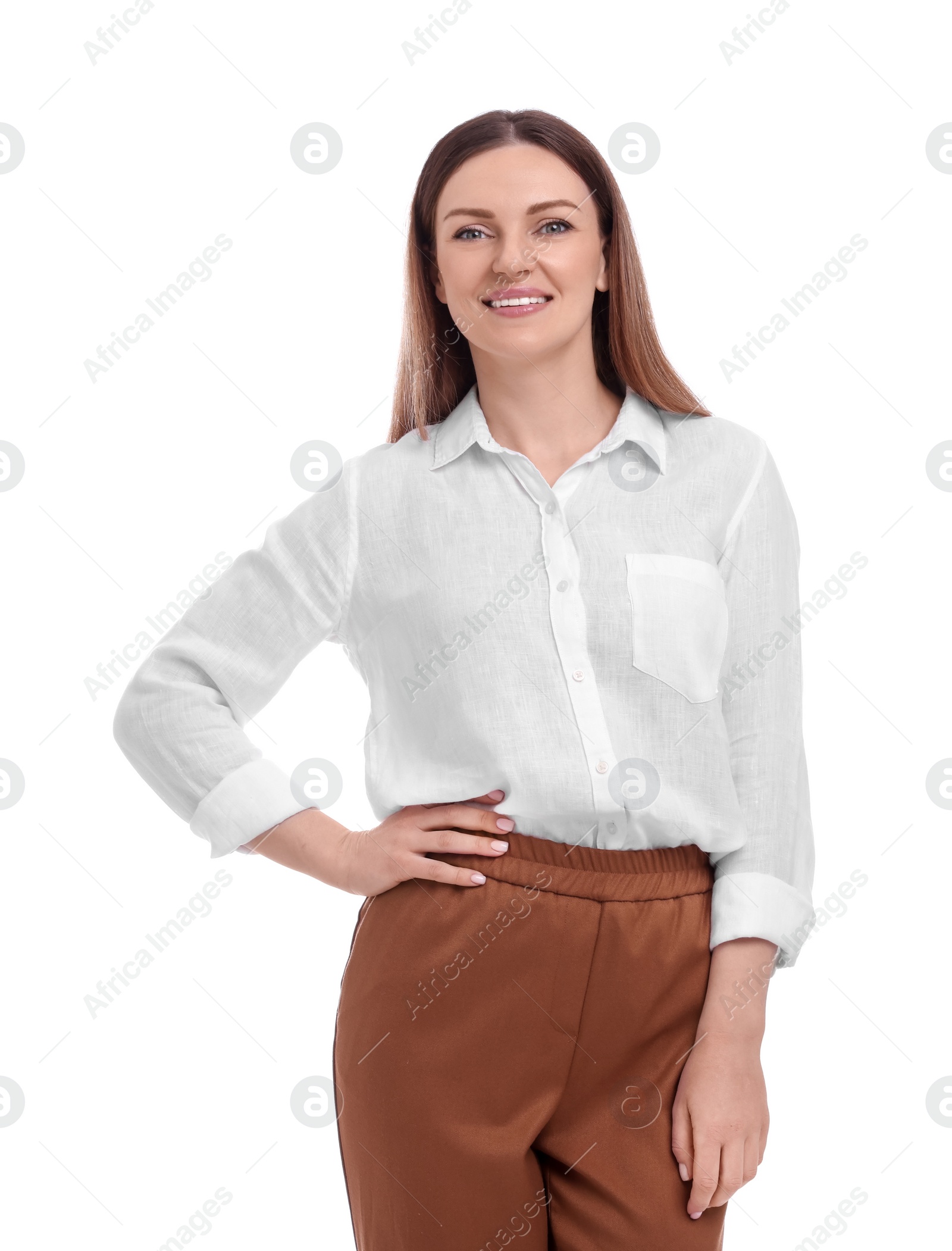 Photo of Beautiful happy businesswoman posing on white background