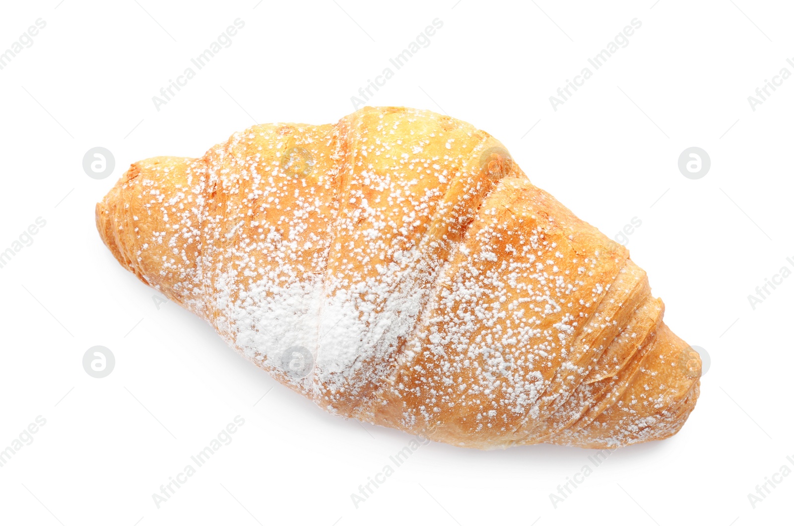 Photo of Tasty croissant with sugar powder on white background