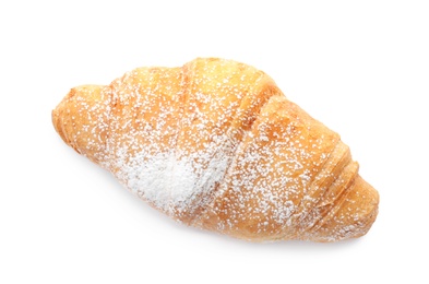 Photo of Tasty croissant with sugar powder on white background