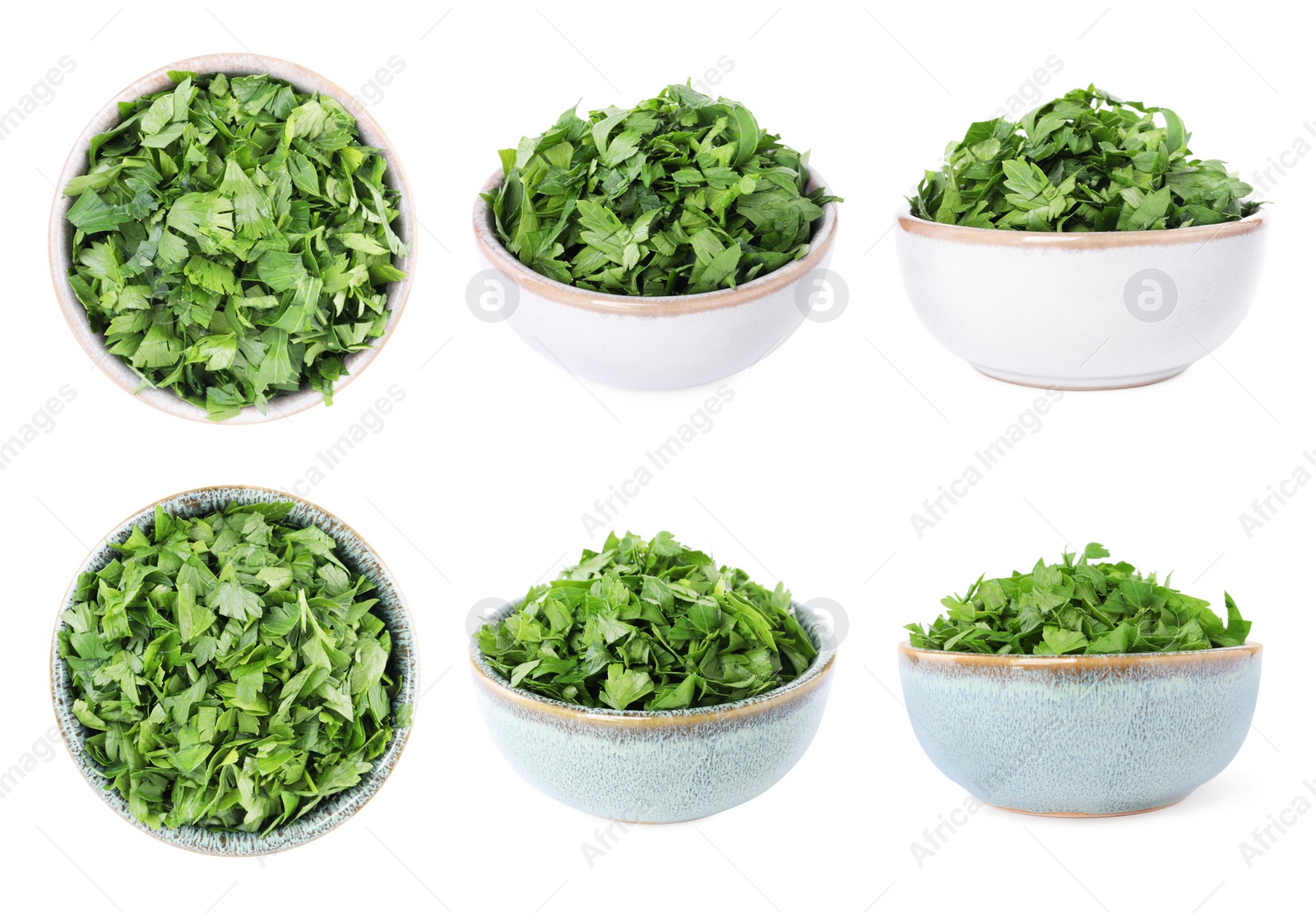 Collage with cut parsley in bowls isolated on white, top and side views Image of Collage with cut parsley in bowls isolated on white, top and side views