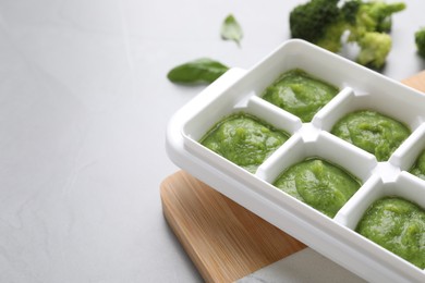 Photo of Broccoli puree in ice cube tray ready for freezing and ingredients on light table, closeup. Space for text