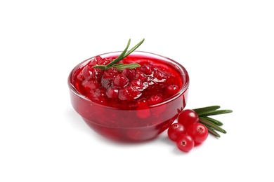 Photo of Cranberry sauce with rosemary and fresh berries on white background