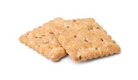 Photo of Cereal crackers with flax and sesame seeds isolated on white