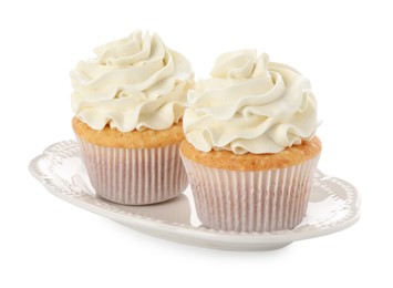 Photo of Tasty vanilla cupcakes with cream isolated on white